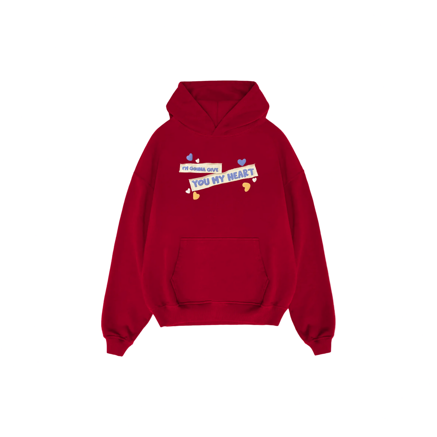 Bright red hoodie with a front graphic featuring the text “I’M GONNA GIVE YOU MY HEART” in playful, cut-out style lettering. Small colorful heart shapes are scattered around the text. The hoodie has a front kangaroo pocket and relaxed fit.
