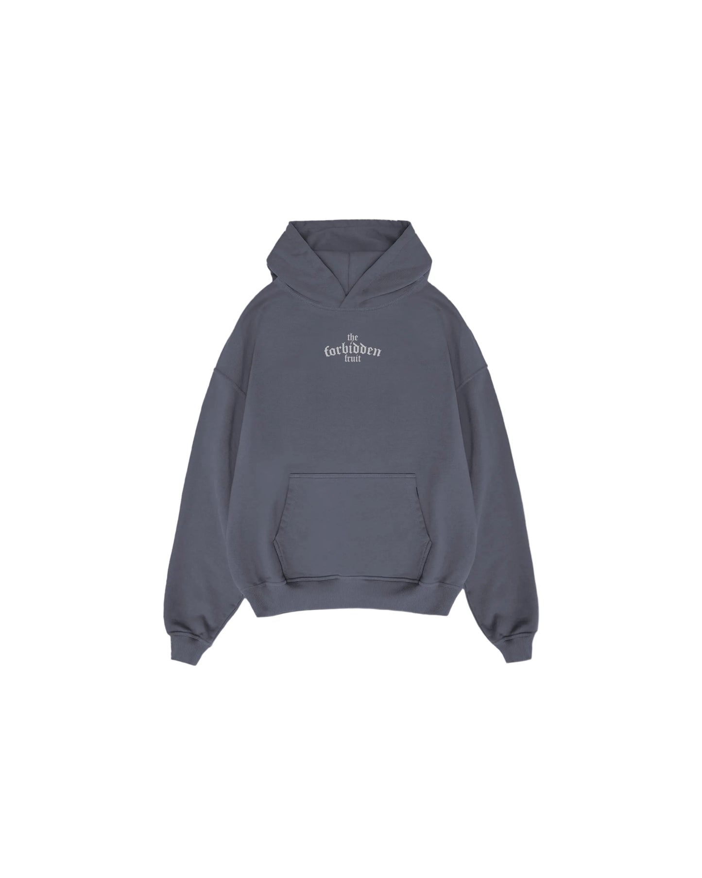 Gray hooded sweatshirt with "The Forbidden Fruit" text in white on the chest. Features a front pocket, conveys a casual and cozy tone.