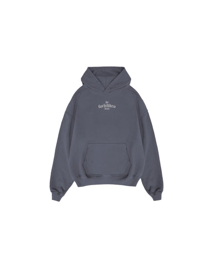 Gray hooded sweatshirt with "The Forbidden Fruit" text in white on the chest. Features a front pocket, conveys a casual and cozy tone.