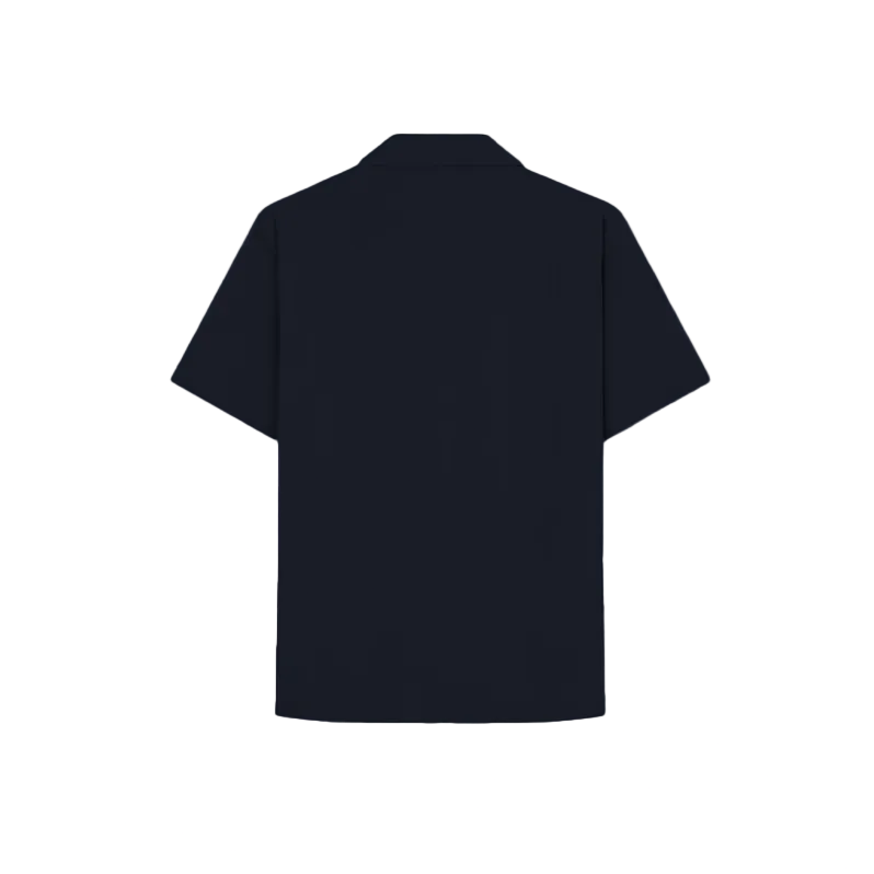 Navy blue short-sleeve shirt featuring a white handprint, blue butterflies, and floral designs. The word "Forbidden" is embroidered in white.