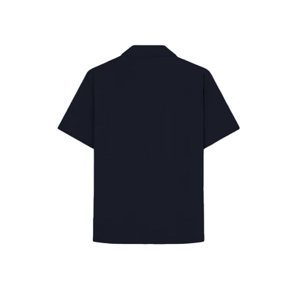 Navy blue short-sleeve shirt featuring a white handprint, blue butterflies, and floral designs. The word "Forbidden" is embroidered in white.