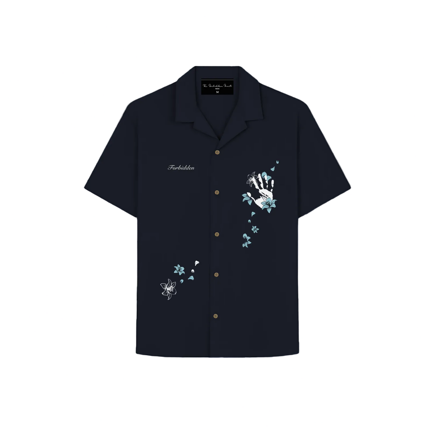 Navy blue short-sleeve shirt featuring a white handprint, blue butterflies, and floral designs. The word "Forbidden" is embroidered in white.