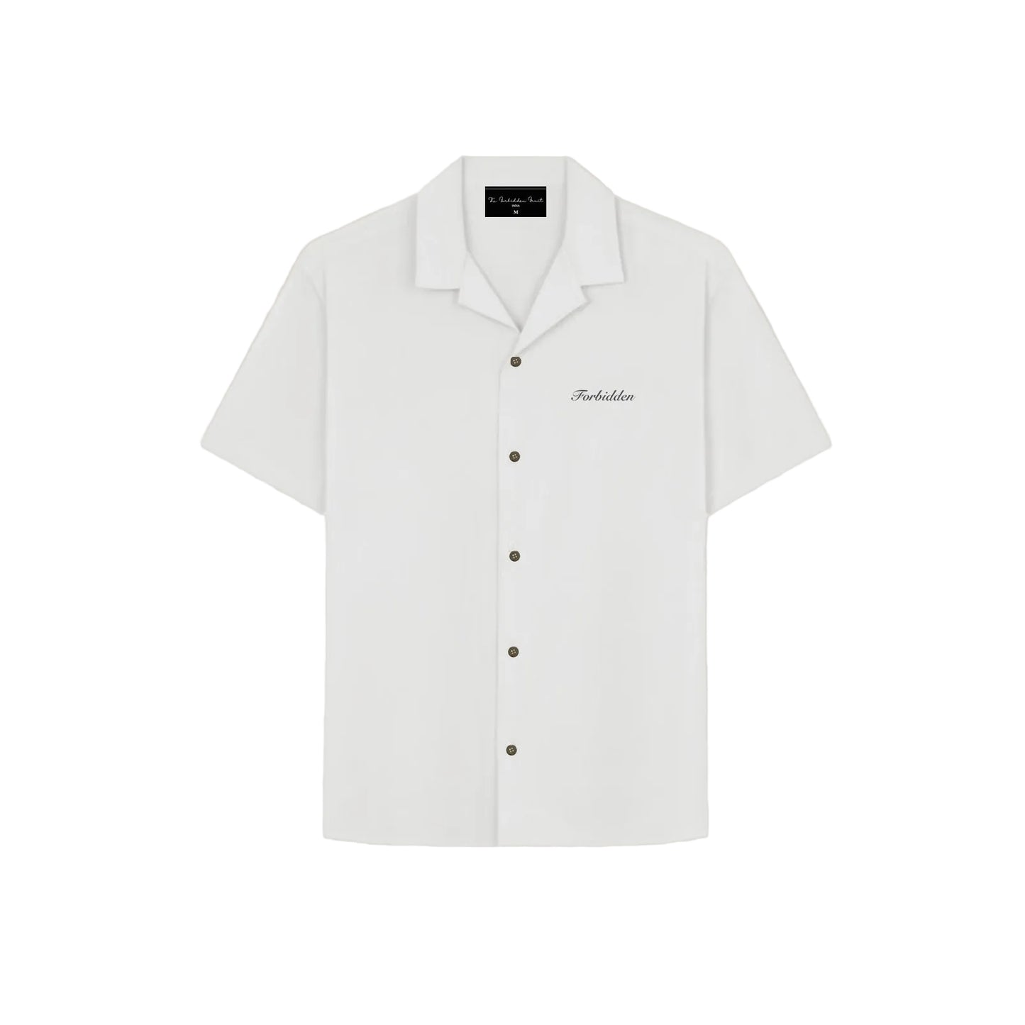 White Lies short-sleeve bowling shirt with a relaxed camp collar and button-down front.