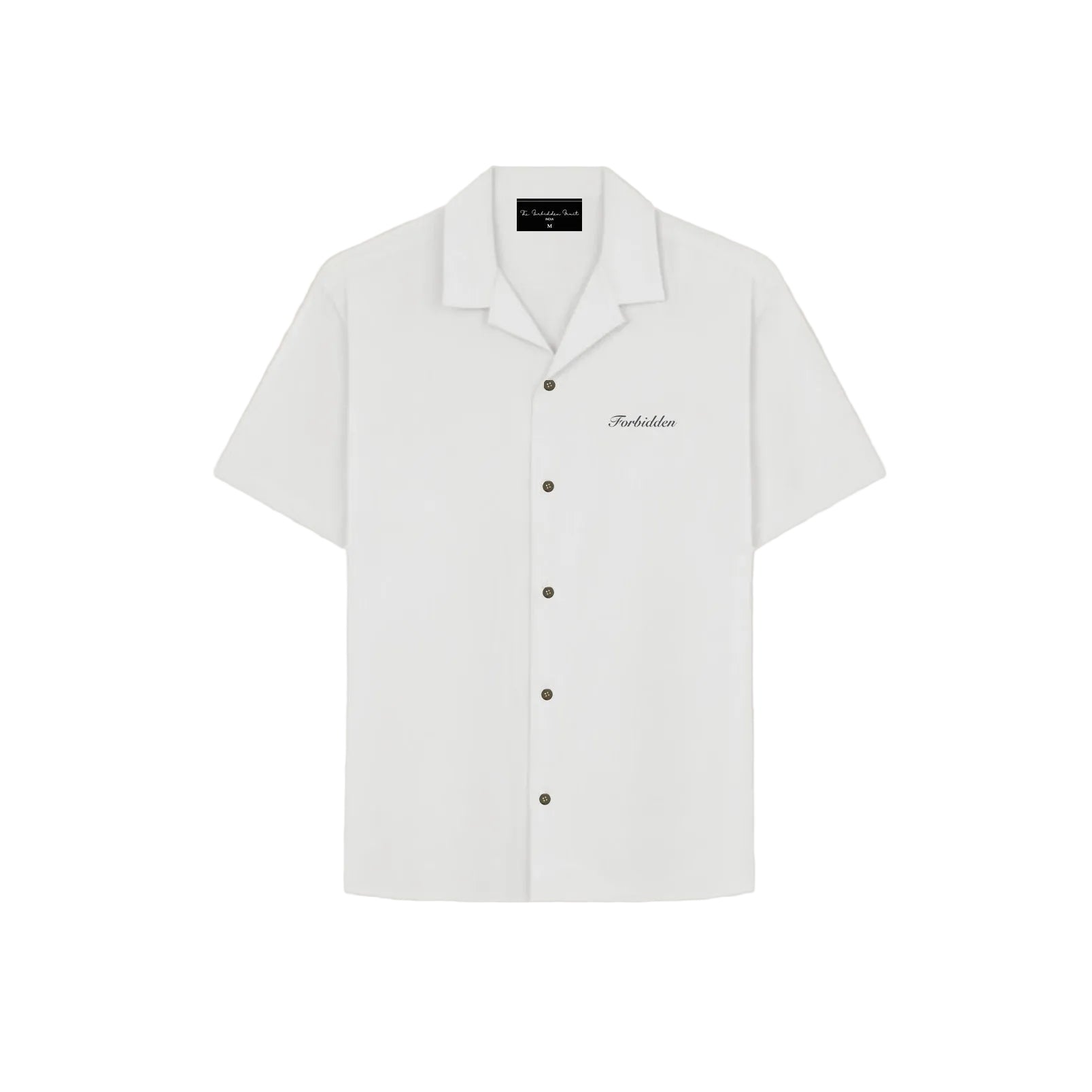 White Lies short-sleeve bowling shirt with a relaxed camp collar and button-down front.