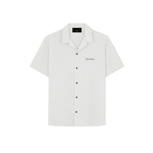 White Lies short-sleeve bowling shirt with a relaxed camp collar and button-down front.
