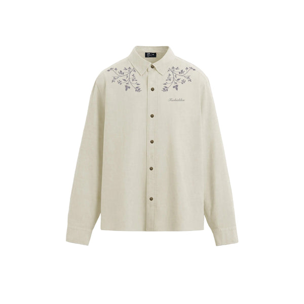 Cream-colored button-down shirt shown from the front, featuring subtle floral embroidery across the shoulders and a small “Forbidden” logo on the chest