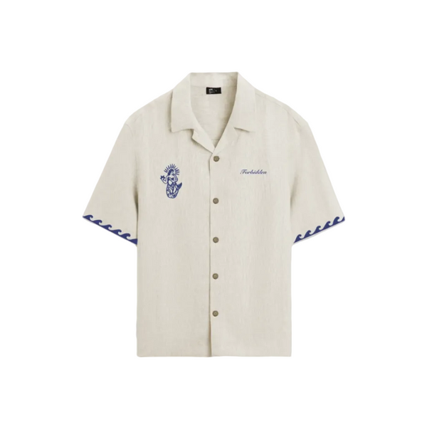 Off-white short-sleeve button-up shirt shown from the front, featuring blue wave detailing on the sleeve hems, a small illustrated graphic on the left chest, and a “Forbidden” logo on the right chest.