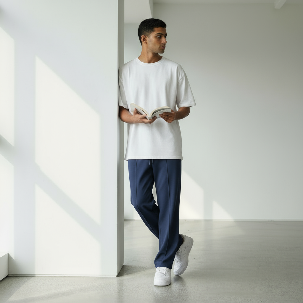 “Navy blue wide-leg pants with an elastic drawstring waistband and a small square logo on the upper left side.”