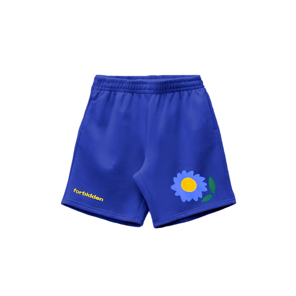 Blue shorts featuring a white daisy design on the front.